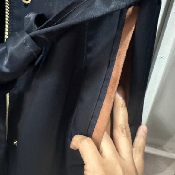 Sz M Womens Jones New York Trench Coat Mid Length Navy Belt Vent Full Zip satin - Picture 9 of 11